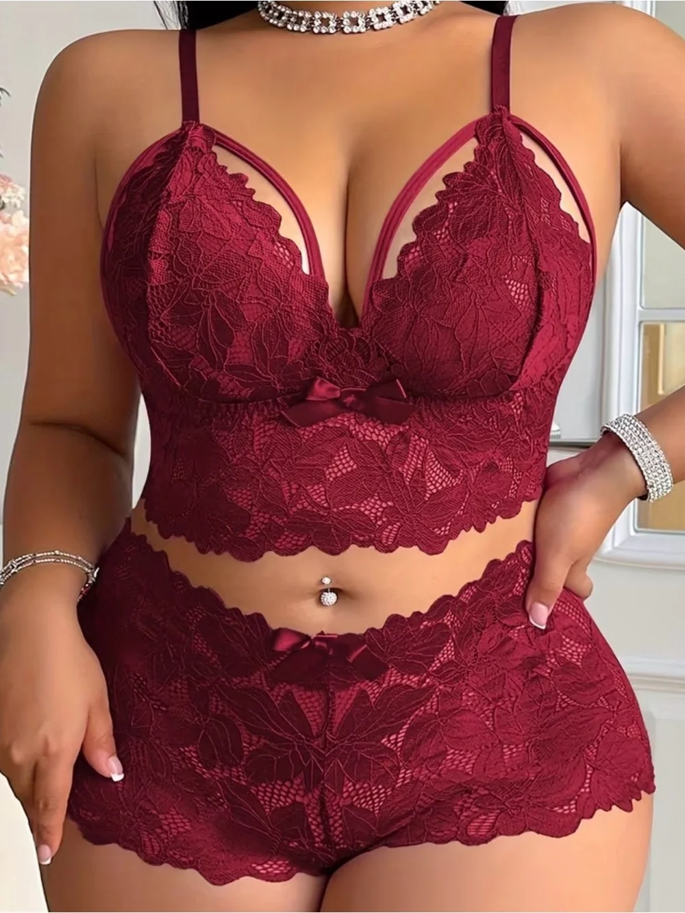 Lace Bralette & High-Waist Short Set - Burgundy